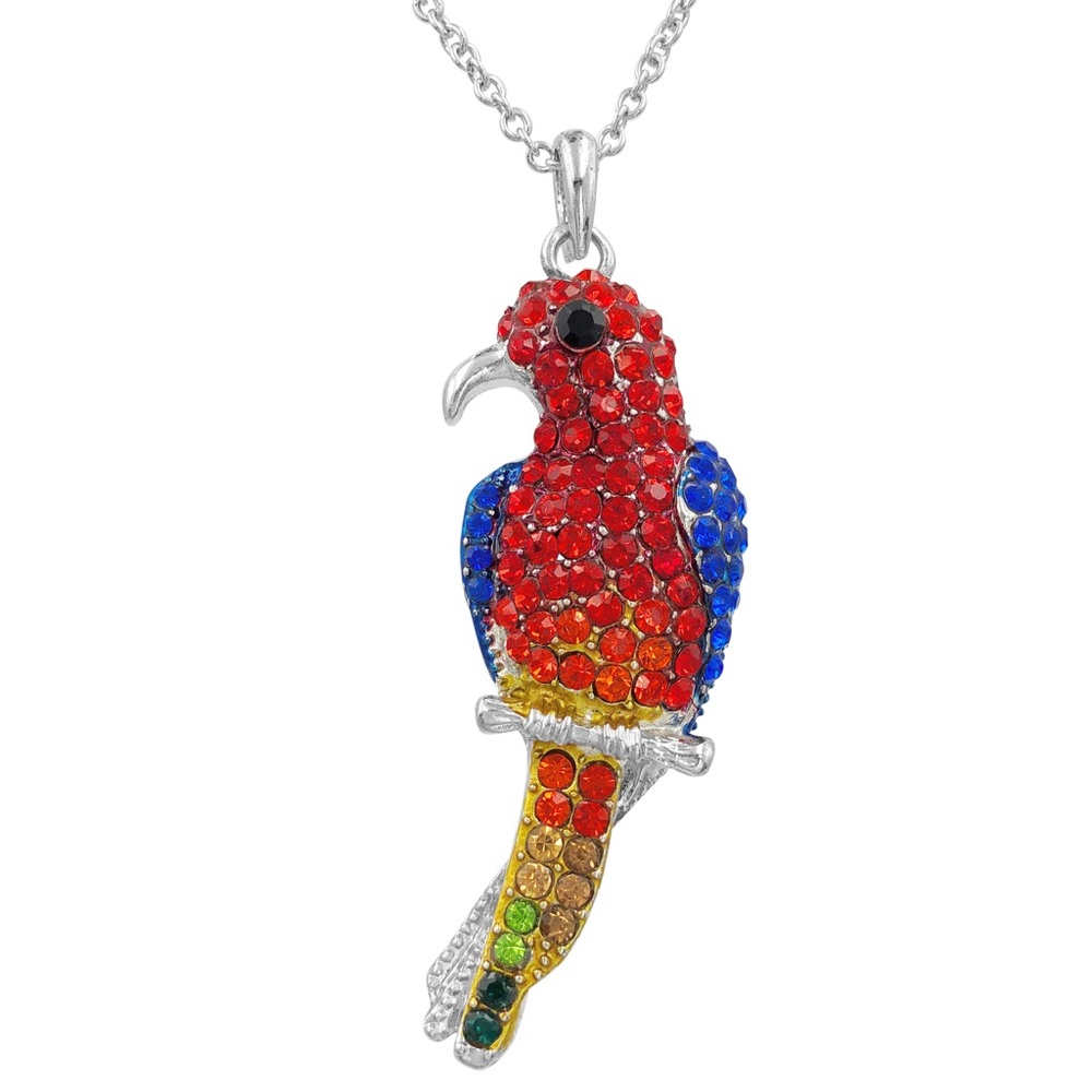 Red Bird Parrot Rhinestone Long Pendant Necklace